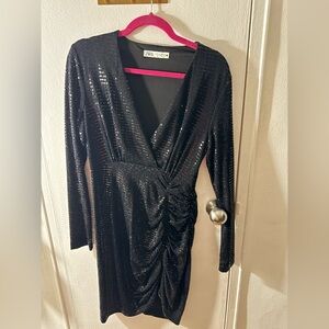 Zara black sequin v neck dress with scrunched detail . Size L cocktail holiday
